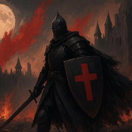 synth's avatar: a painted black-armored knight carrying a sword and a dark shield with a red cross, a burning city behind him.